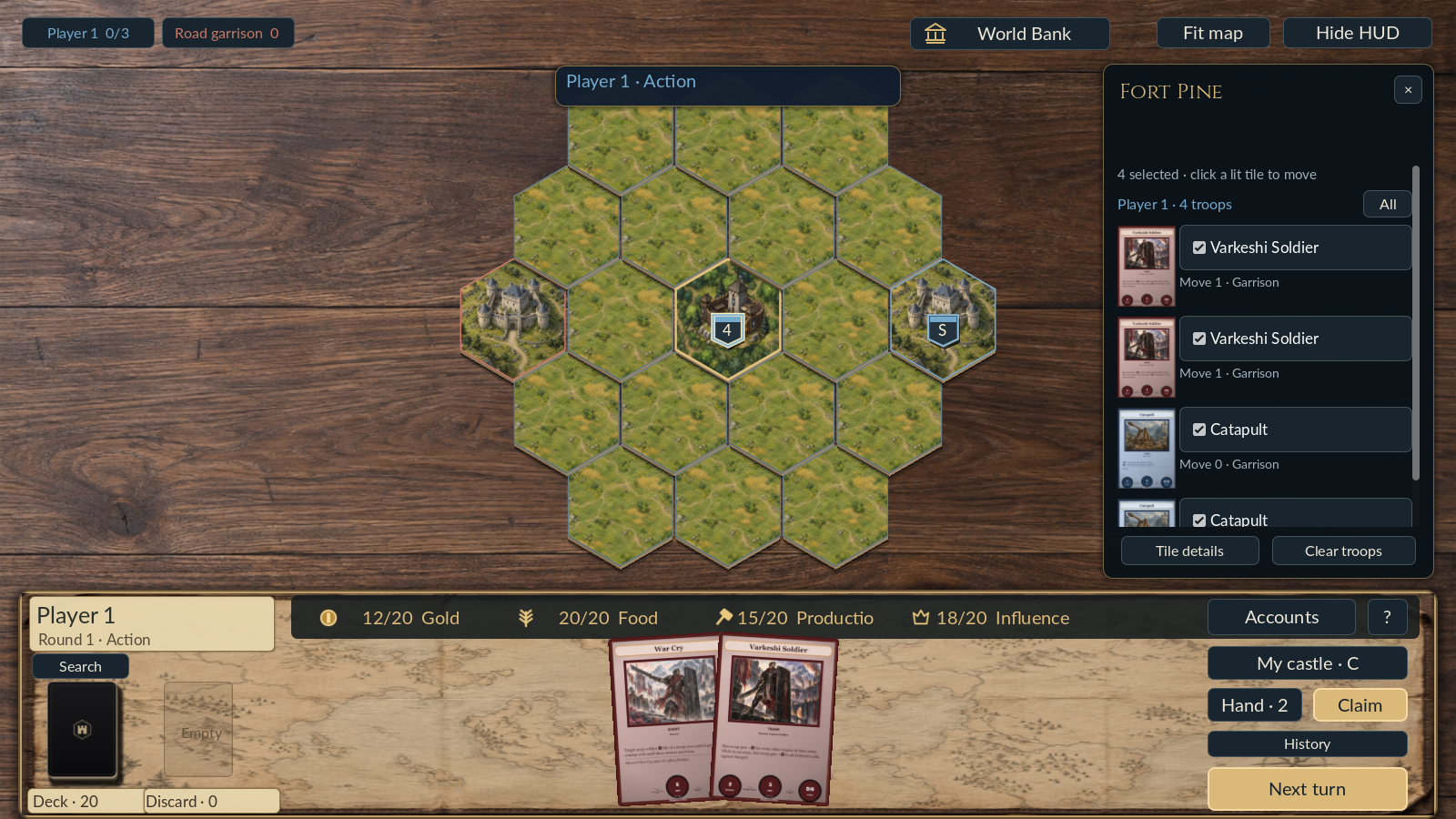 Kingdoms at War gameplay showing hex terrain, army selection, a fort, resources, and cards in hand