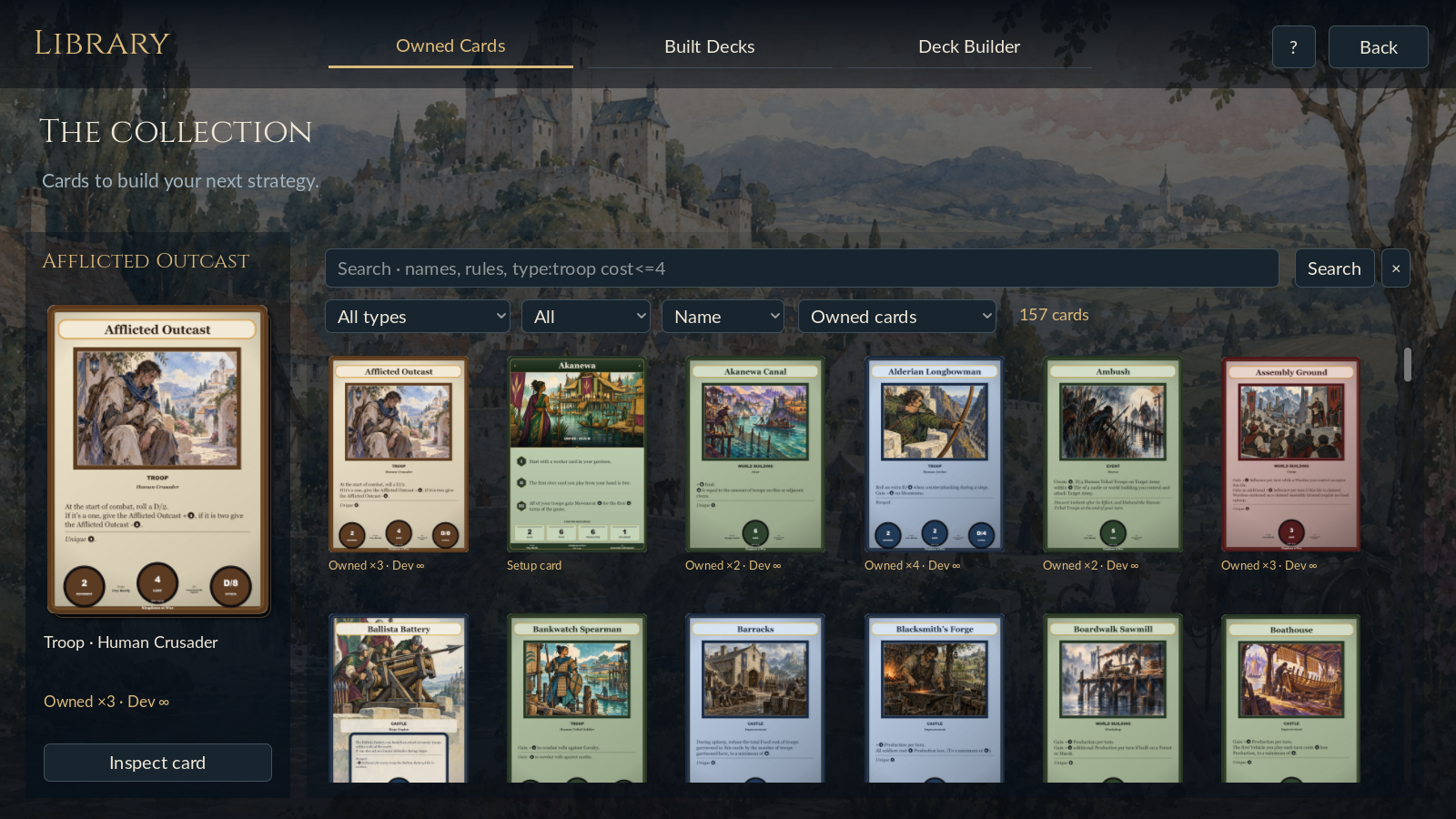 The Kingdoms at War card library in a development build