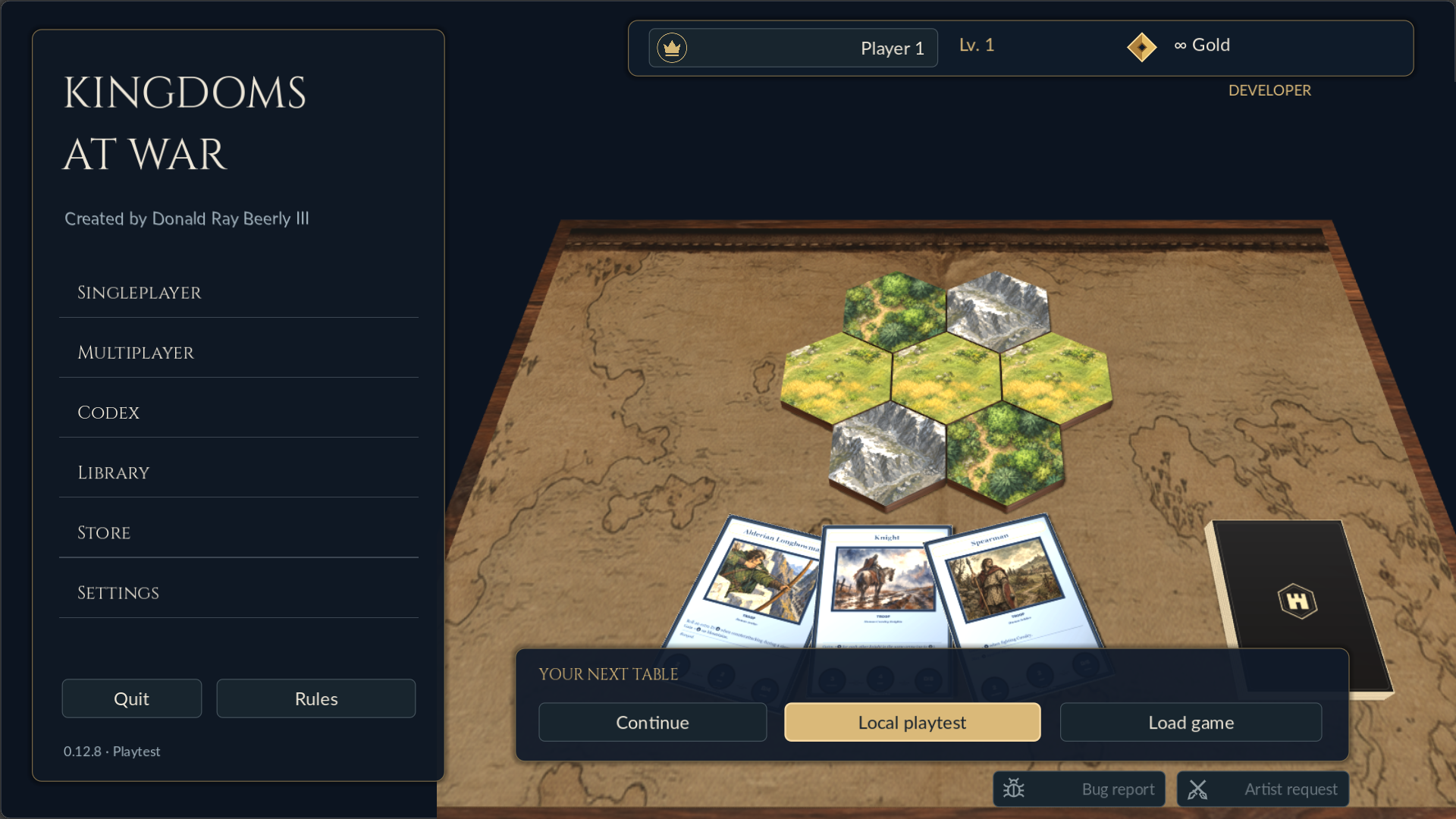Kingdoms at War development build showing its map table and cards